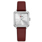 Ladies square quartz watch with dark red leather strap and silver-tone case
