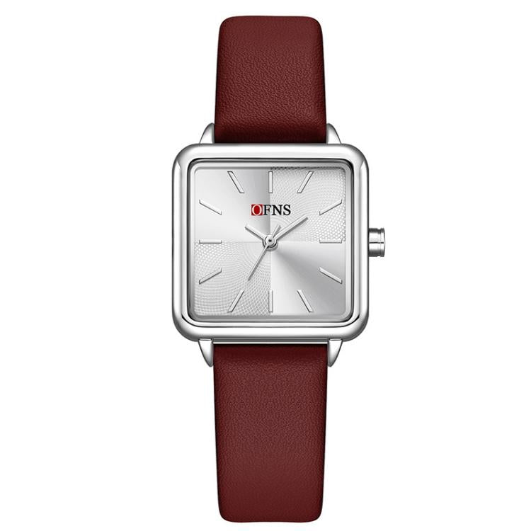 Ladies square quartz watch with dark red leather strap and silver-tone case