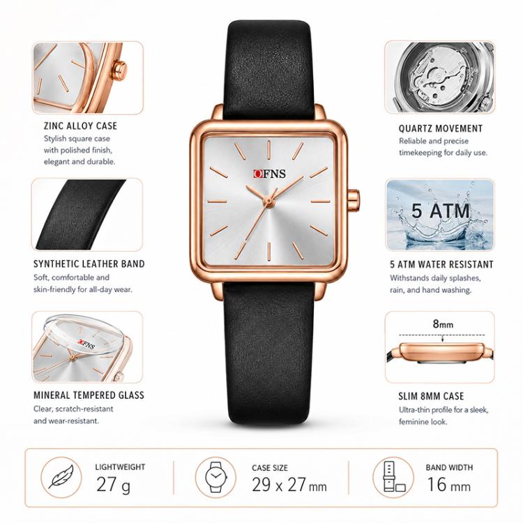 Ladies square quartz watch with black leather strap, rose-gold case, white dial
