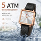 Water-resistant ladies square quartz watch with black leather strap and rose-gold case