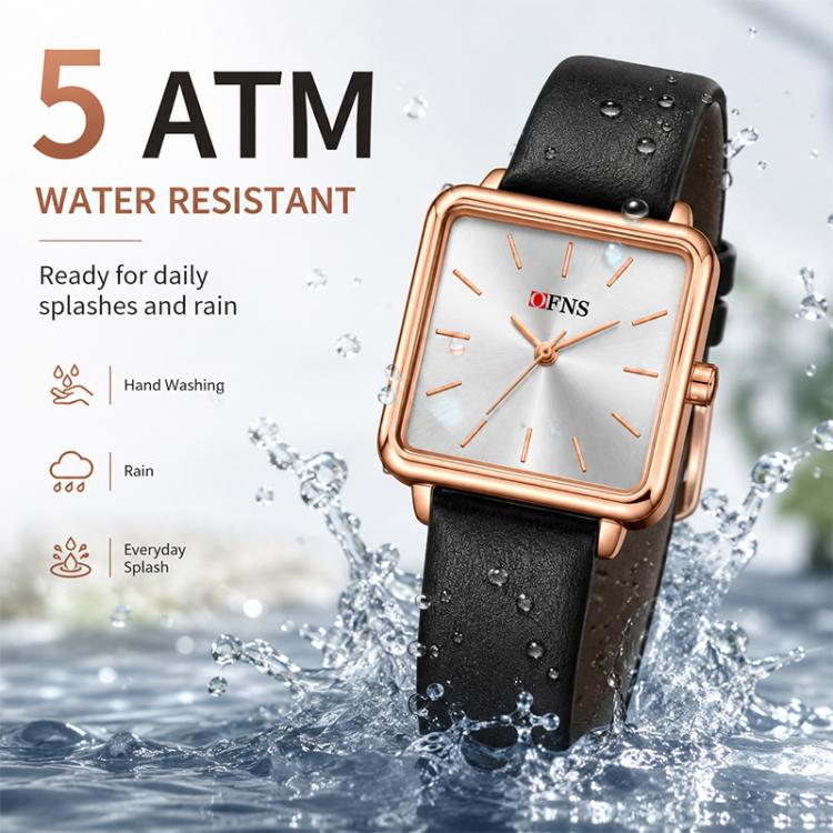 Water-resistant ladies square quartz watch with black leather strap and rose-gold case