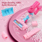 Pink and blue pretend vacuum cleaner toy with removable cleaning tool attachments
