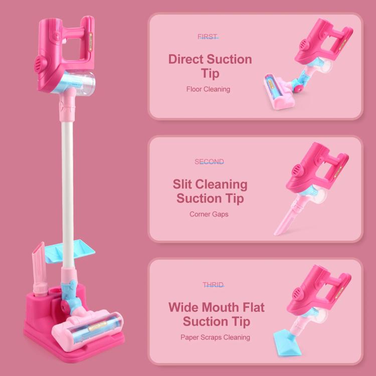 Pretend vacuum cleaner base with three interchangeable suction tips in pink and blue