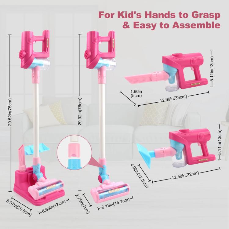Pink pretend vacuum cleaner with base stand and blue nozzle tips, size shown