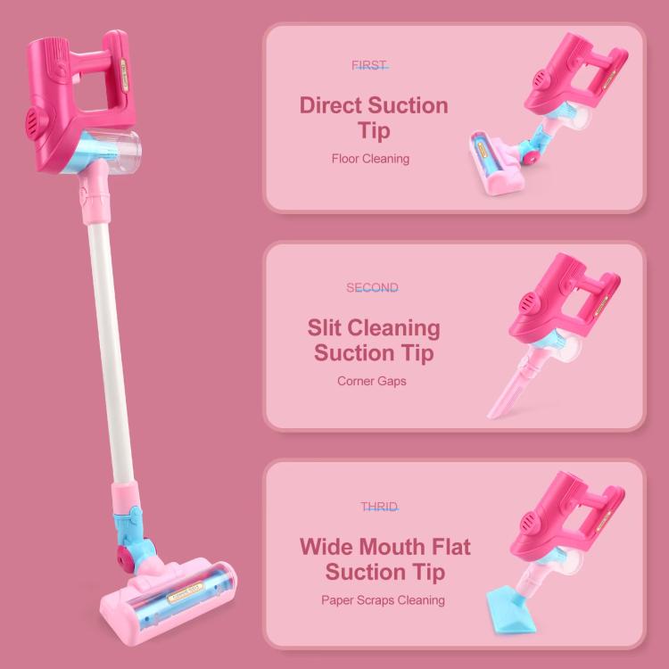Pink children’s vacuum toy with interchangeable suction tips for pretend floor cleaning
