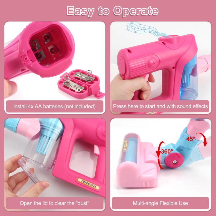 Pink electric pretend play vacuum cleaner toy showing open battery compartment and buttons
