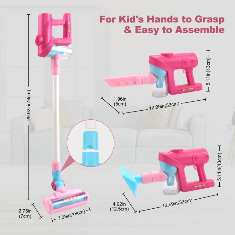 Pink pretend play vacuum cleaner toy set with pole, hand unit, and floor base