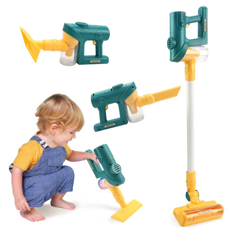 Green and yellow children’s pretend play electric vacuum cleaner toy with light and sound, without base