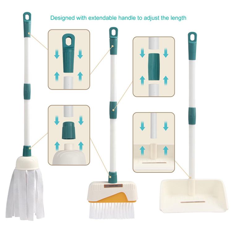 Extendable handle mop and brush set with adjustable height heads