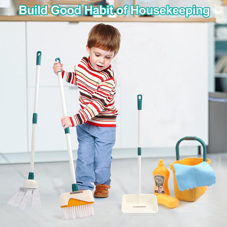 Children's cleaning play kit with extendable mops, brushes, spray bottle and bucket