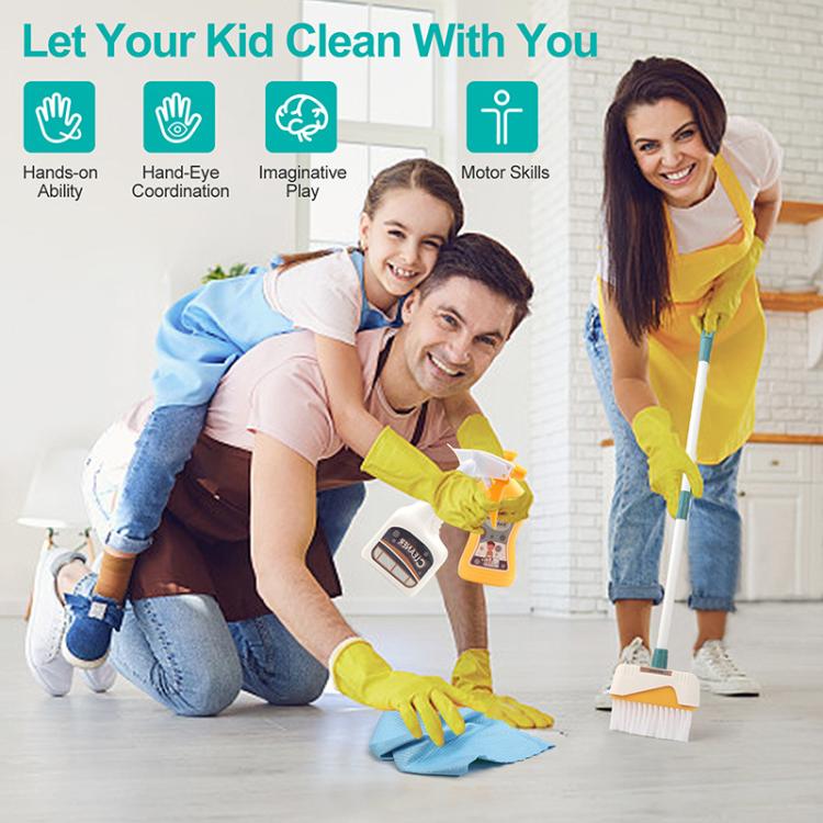 Toy cleaning kit with mop and brushes, spray bottle, bucket, and included gloves