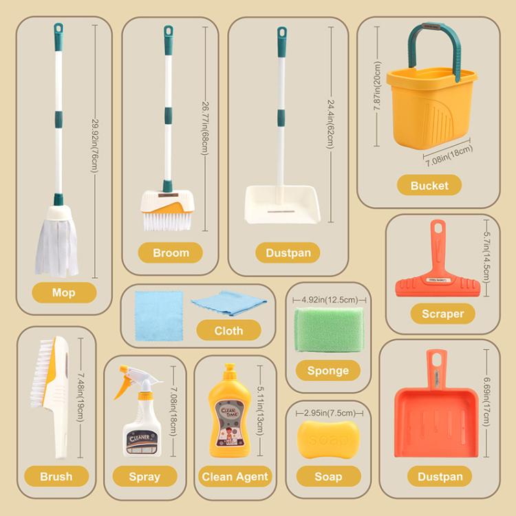 Mini cleaning tools set diagram showing mop, broom, bucket, dustpan, sponge and spray