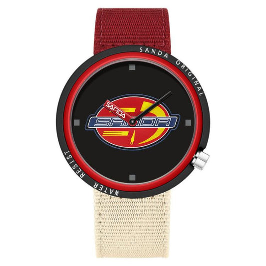 SANDA slim student watch with red nylon strap and red ring bezel, black dial.