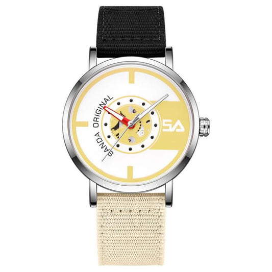Waterproof analog student watch with two-tone nylon strap (black/beige) and yellow dial