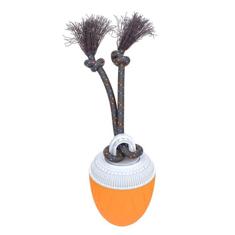 Orange automatic pet toy ball with white ridged top and dark rope with brush ends