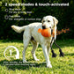 Orange automatic pet toy ball with white top, dark rope, and glowing speed icons over dog