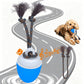Blue automatic pet toy ball with rope tassels and sound-note graphics