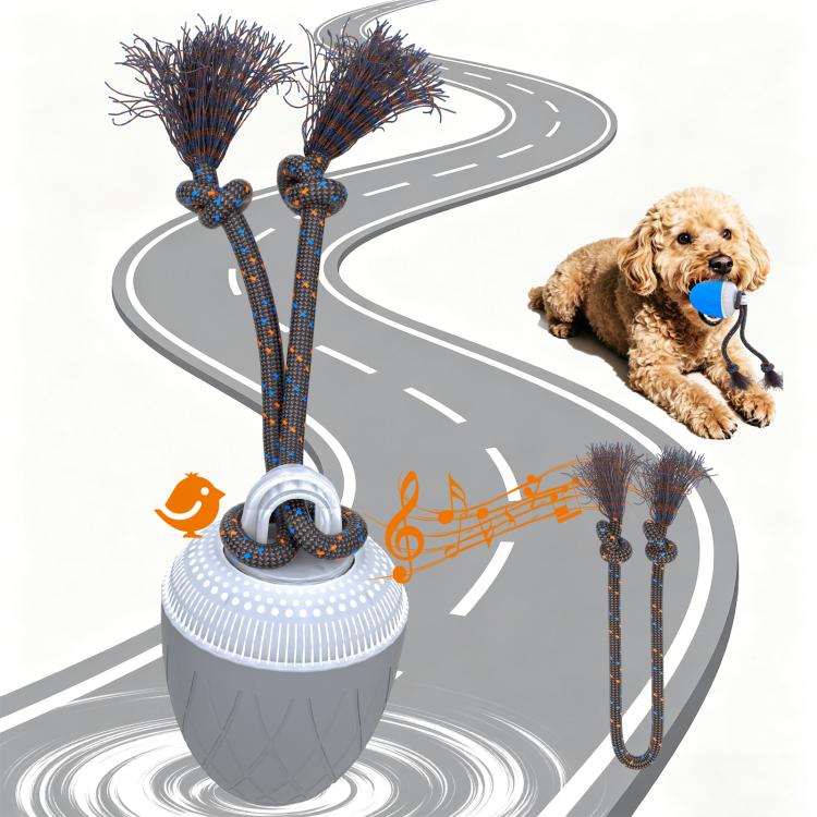 Grey automatic pet toy ball with rope tassels and sound-note graphics