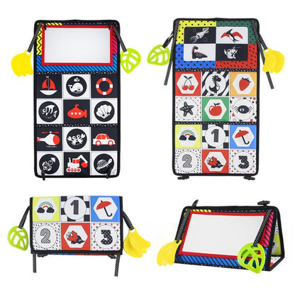 Foldable cloth book toy with mirror, black cover and colorful animal/number icon panels.