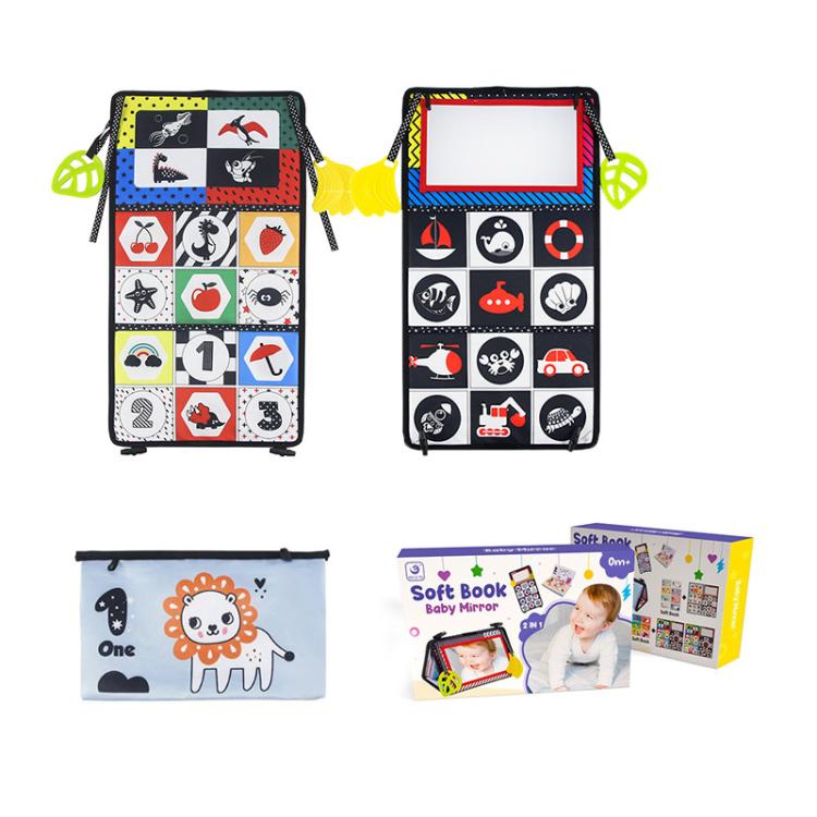 Foldable cloth book toy with mirror, black cover and colorful animal/number grid panels.
