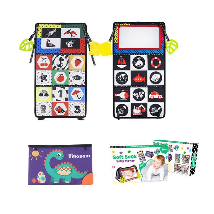 Foldable cloth book toy with mirror, black cover and colorful animal/number grid panels.