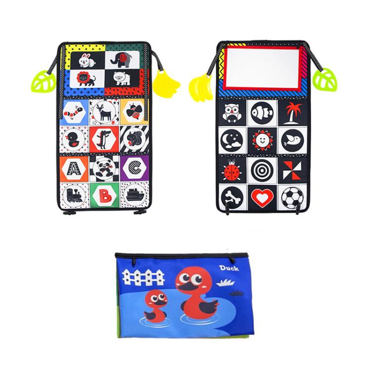 Foldable cloth book toy with mirror, black cover and colorful alphabet/shape icon panels.
