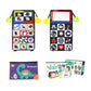 Foldable cloth book toy with mirror, black cover and colorful alphabet/shape icon panels.
