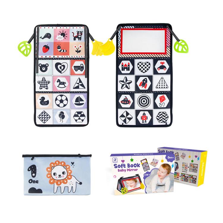 Foldable cloth book toy with animal icon pages and red-bordered baby mirror panel