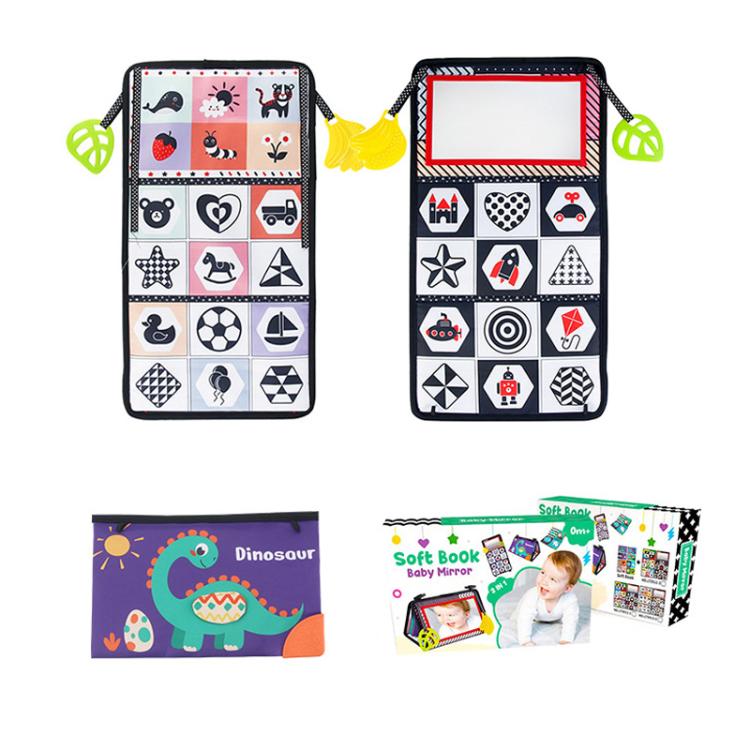 Foldable cloth book toy with animal icon pages and red-bordered baby mirror panel