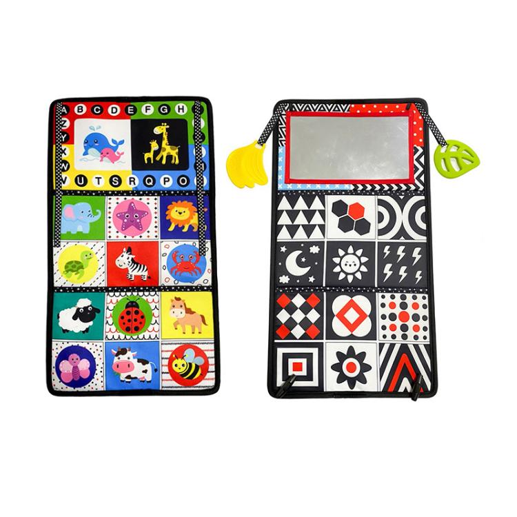 Foldable cloth book toy with alphabet tiles and red-bordered baby mirror panel