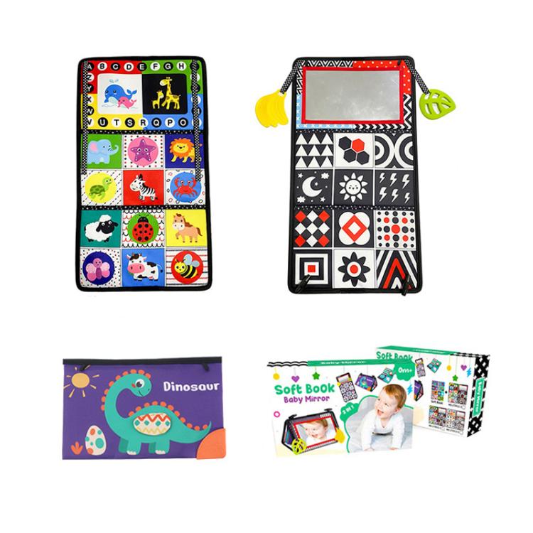 Foldable cloth book toy with alphabet tiles and red-bordered baby mirror panel