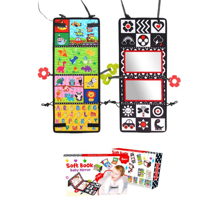 Hanging foldable cloth book toy with colorful alphabet pages and double red mirrors