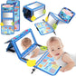 Foldable cloth baby book toy with mirror window, colorful icons, and two teether grips