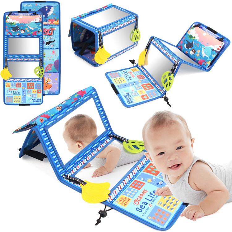 Foldable cloth baby book toy with mirror window, colorful icons, and two teether grips