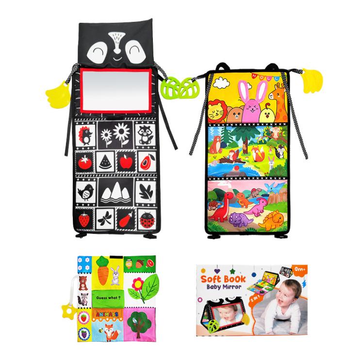 Foldable cloth baby book toy with mirror window and bright front/back picture panels