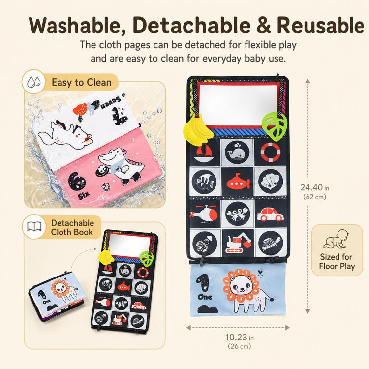 Washable foldable cloth book with detachable pages and activity mirror, padded animal design