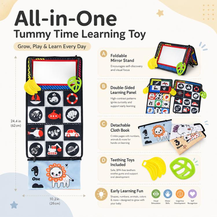 Foldable cloth baby book toy with mirror window and detachable cloth pages, plus teethers
