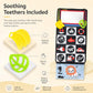 Foldable cloth baby book toy with mirror window and included yellow and green teethers