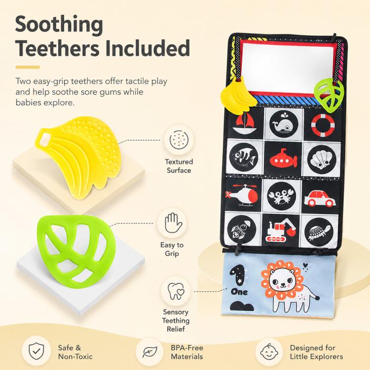 Foldable cloth baby book toy with mirror window and included yellow and green teethers