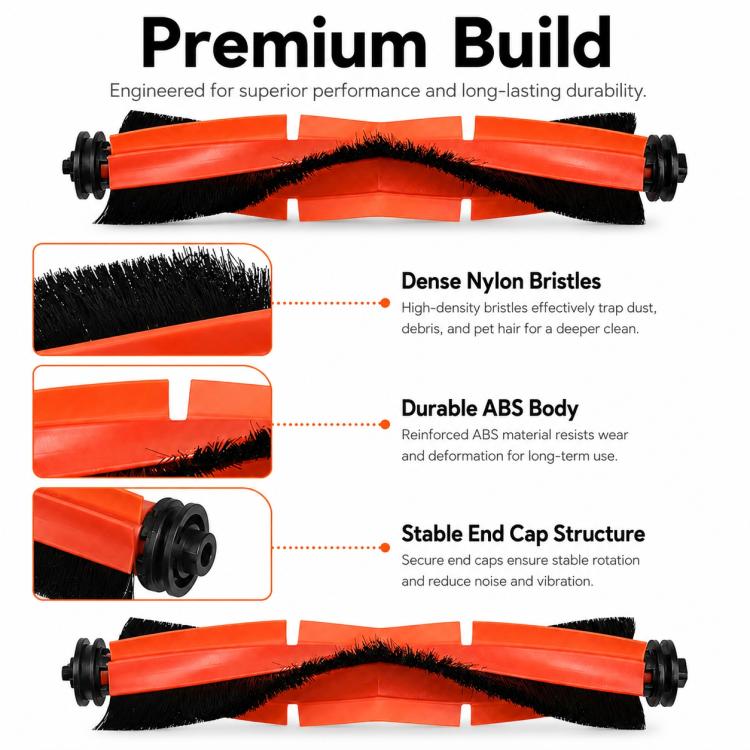 Main roller brush with dense nylon bristles and durable orange ABS body