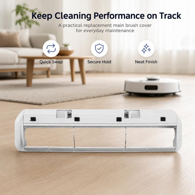 Main brush cover replacement for robot vacuum, rectangular white frame with latch openings