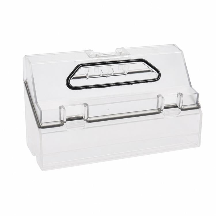 Robot vacuum dust box with transparent cover and black inlet grille