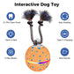 Orange interactive dog toy ball with rope arms and blue brush-head spinners