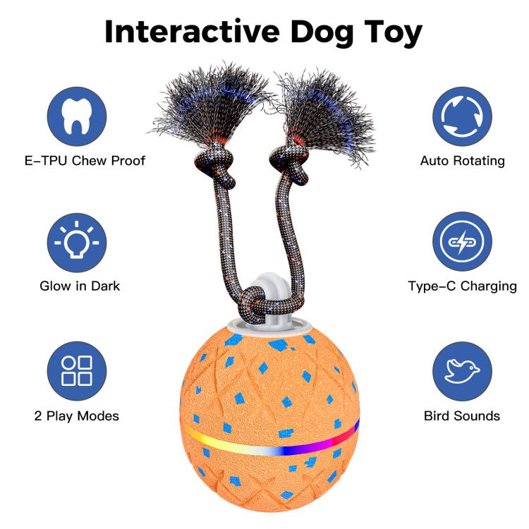 Orange interactive dog toy ball with rope arms and blue brush-head spinners