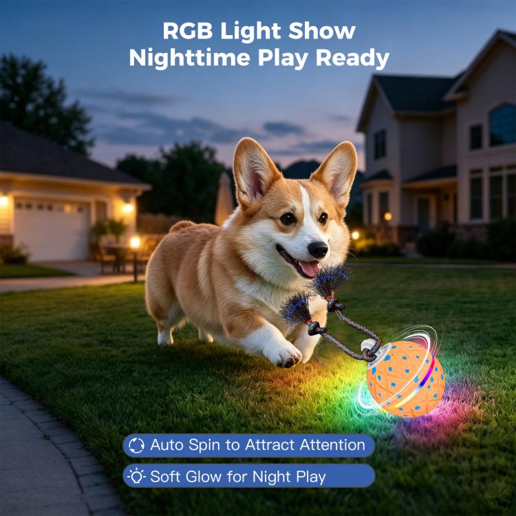 Orange dog toy ball glowing with colorful RGB light and rope brush arms