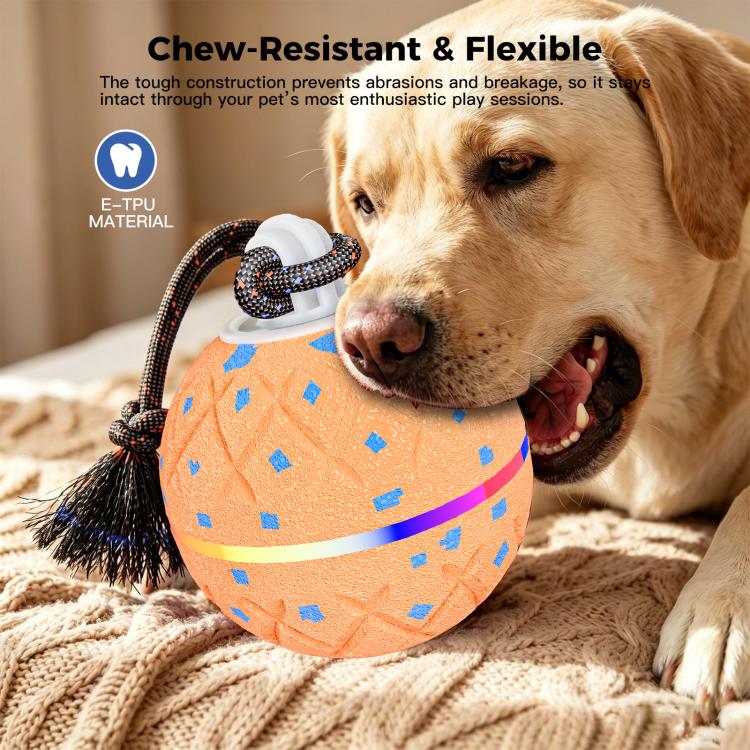 Orange chew-resistant dog toy ball with rope brush arms and white base