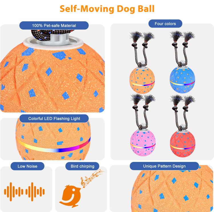 Orange smart self-moving dog ball with flashing LED light and rope brushes