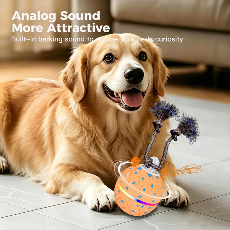Orange dog toy ball with rope brush attachment for playful spinning and sound