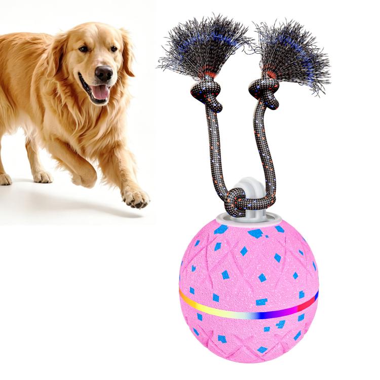 Pink automatic dog toy ball with rope loops and blue spiky brush tips