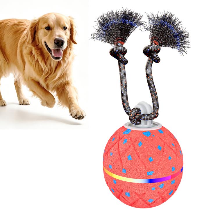 Red automatic dog toy ball with rope loops and blue spiky brush tips